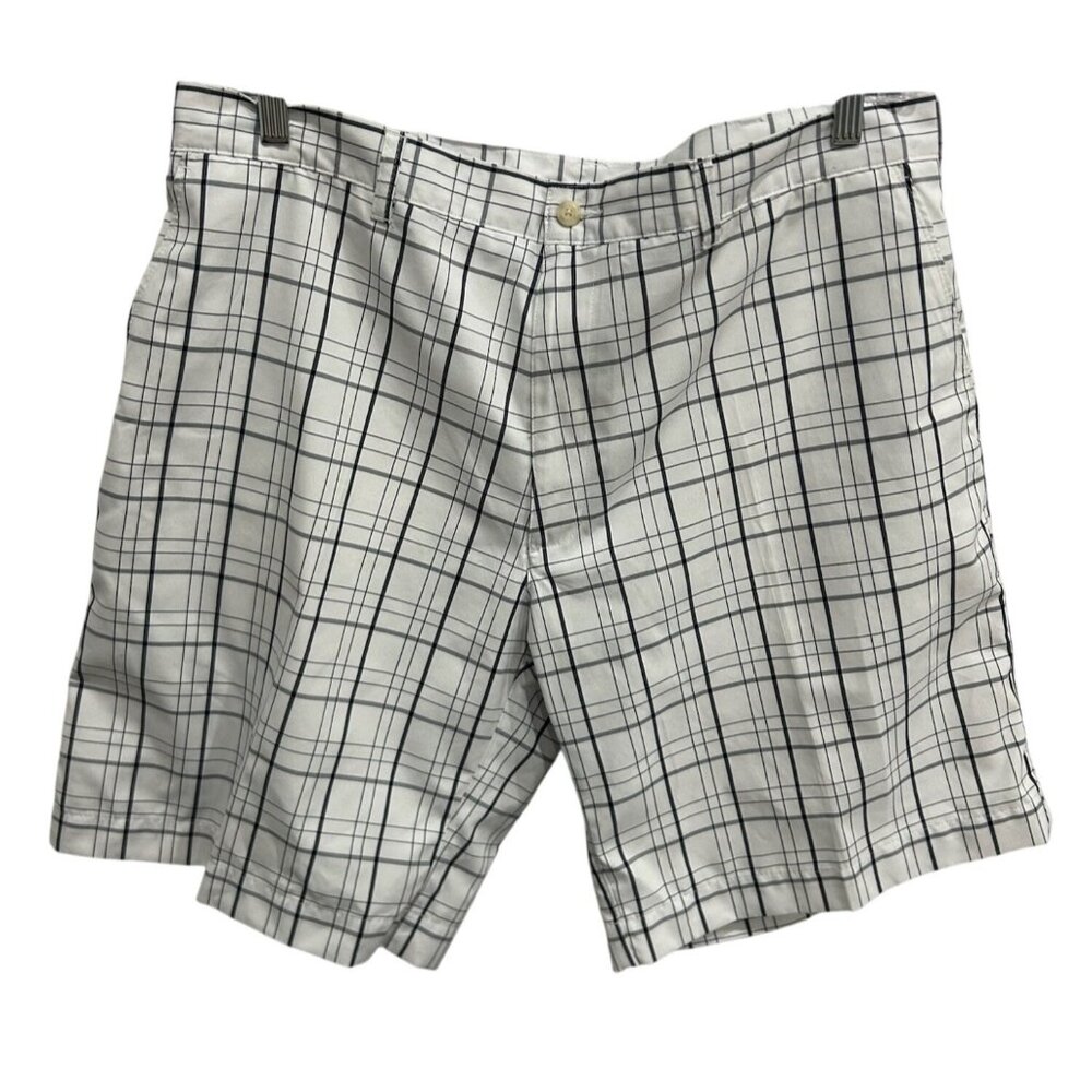 PGATour Mens Plaid Golf Shorts Size 38 White & Navy Polyester Lightweight